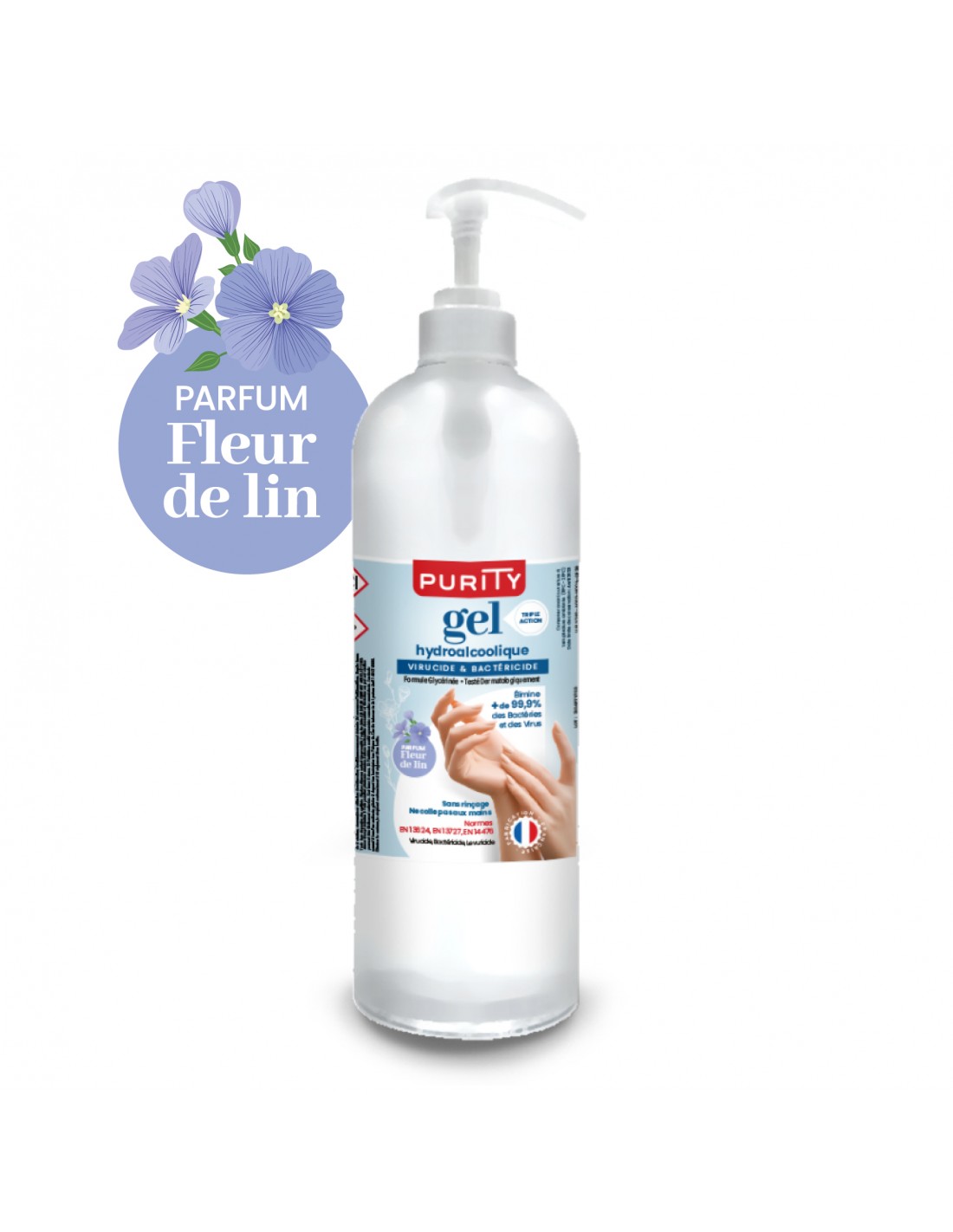 Flacon pompe 1 litre Gel Hydroalcoolique Français Parfum Fleur de Lin –  Purity
