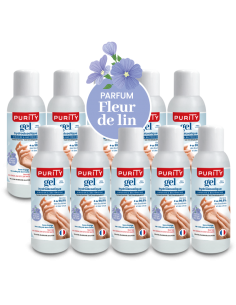 10 Mini-flacons de 100ml - Gel Hydroalcoolique Purity 703 - Parfum Fleur de Lin