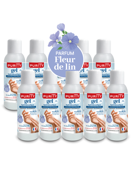 10 Mini-flacons de 100ml - Gel Hydroalcoolique Purity 703 - Parfum Fleur de Lin